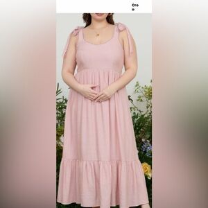 Tie-Shoulder Pink Midi Dress with Smocked Bodice